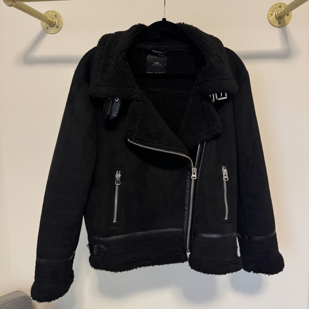 Zara Faux Vegan Suede Shearling Jacket Coat Fleece Moto Biker Aviator XL Black